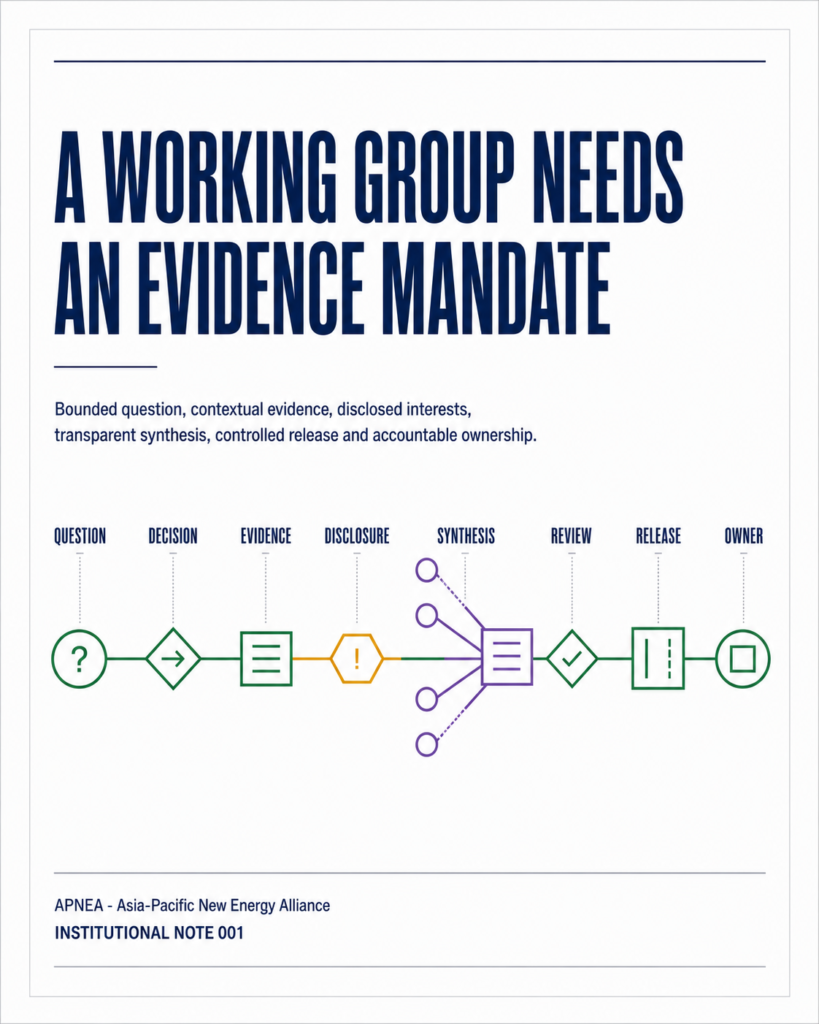 Editorial cover showing a working-group evidence mandate from bounded question and contextual evidence through disclosure, synthesis, release and accountable ownership