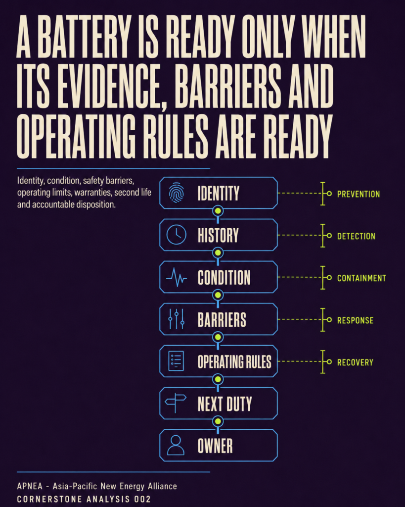 Editorial cover showing a battery lifecycle readiness chain connecting evidence, safety barriers, operating rules and accountable disposition