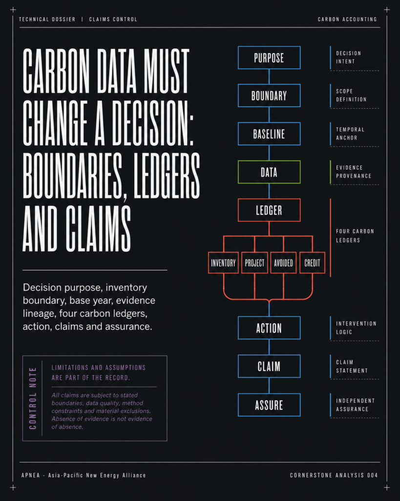 Editorial cover showing a carbon decision chain connecting boundaries, baselines, four accounting ledgers, actions, claims and assurance