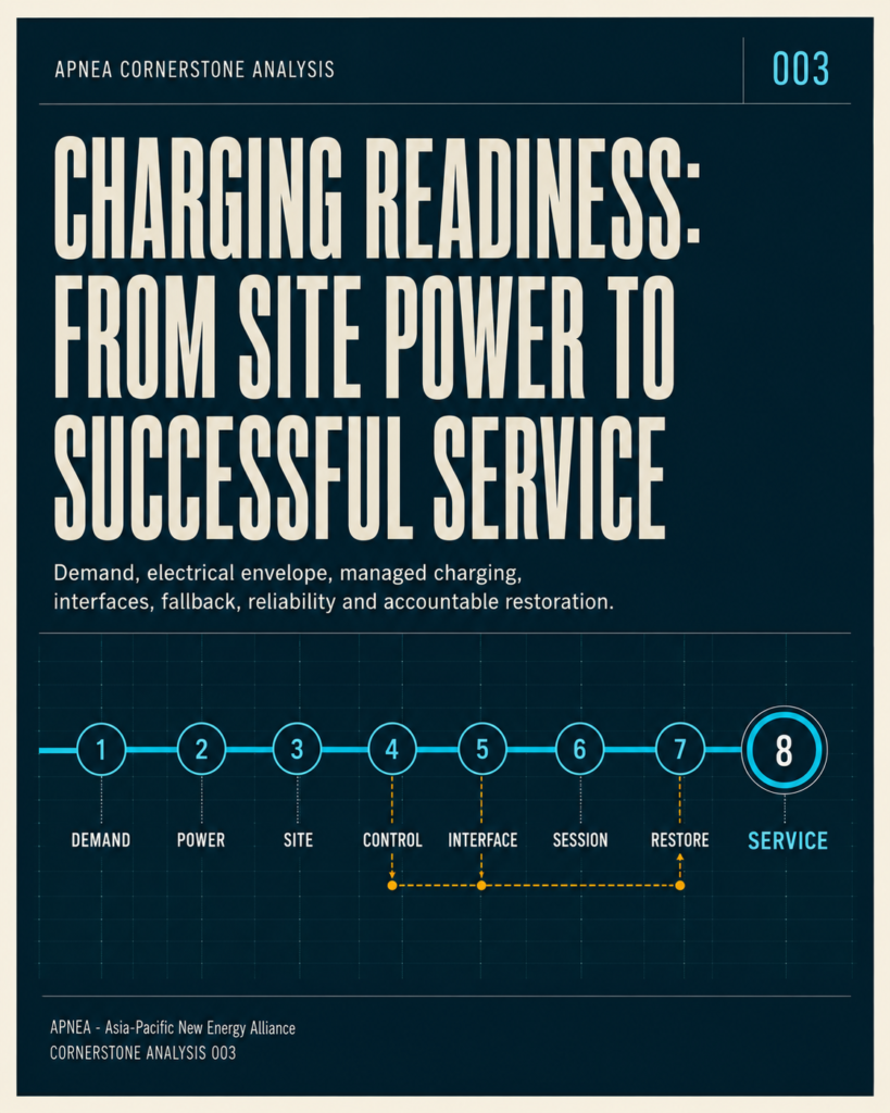 Editorial cover showing an end-to-end EV charging readiness chain from site power to successful service and restoration