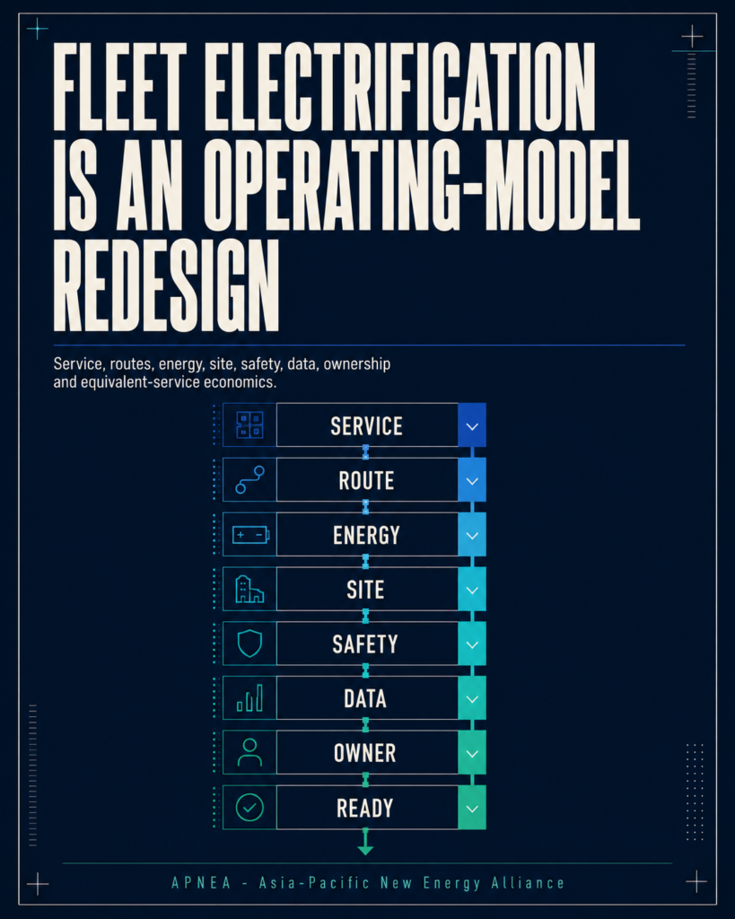 Editorial cover showing the fleet electrification operating model from service to accountable ownership