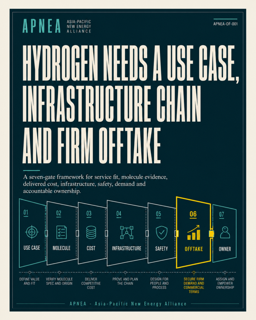 Editorial cover showing a seven-gate hydrogen project pathway from use case and emissions evidence to infrastructure, firm offtake and accountable ownership
